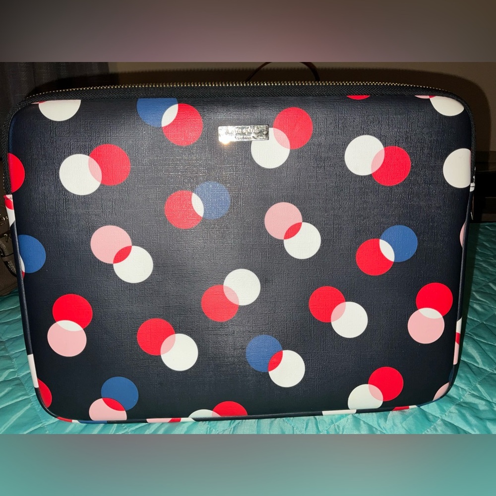 Kate Spade Navy & Multicolor Polka Dot Zippered Leather Laptop Case EUC upto 14”